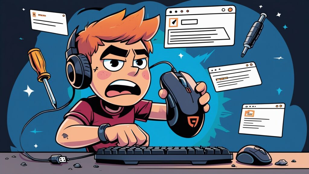 "A person testing a mouse on a desk setup. The caption explains what is polling rate and how higher Hz values reduce input delay in fast-paced tasks."