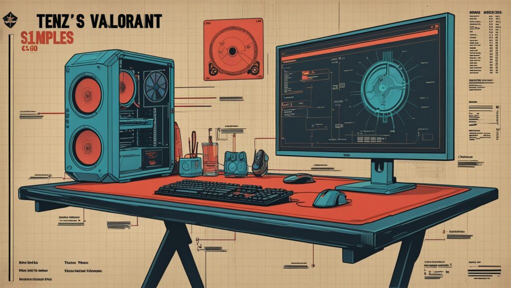 Retro blueprint of an esports pro's desk: labeled mouse DPI, monitor refresh rate, and mousepad specs in engineering schematic style