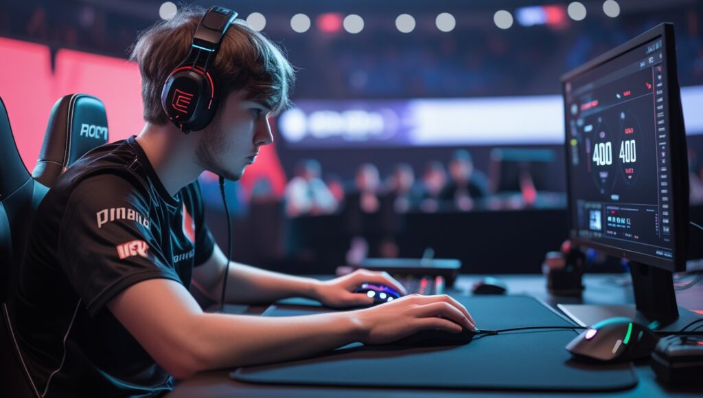 sports player using 400 DPI mouse for precise headshots. Tournament setup with large mousepad and 1000Hz polling rate.