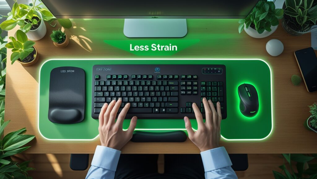 Top-down: Ergonomic desk with mouse at 1200 DPI, wrist rest, and posture-friendly setup. Office DPI settings for reduced strain.