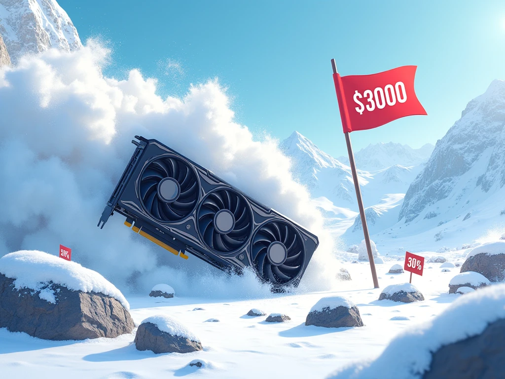 "RTX 5090 snowball crushing '$3000' boulders downhill with '32% OFF' flag. Playful infographic showing June 2025 price crash"