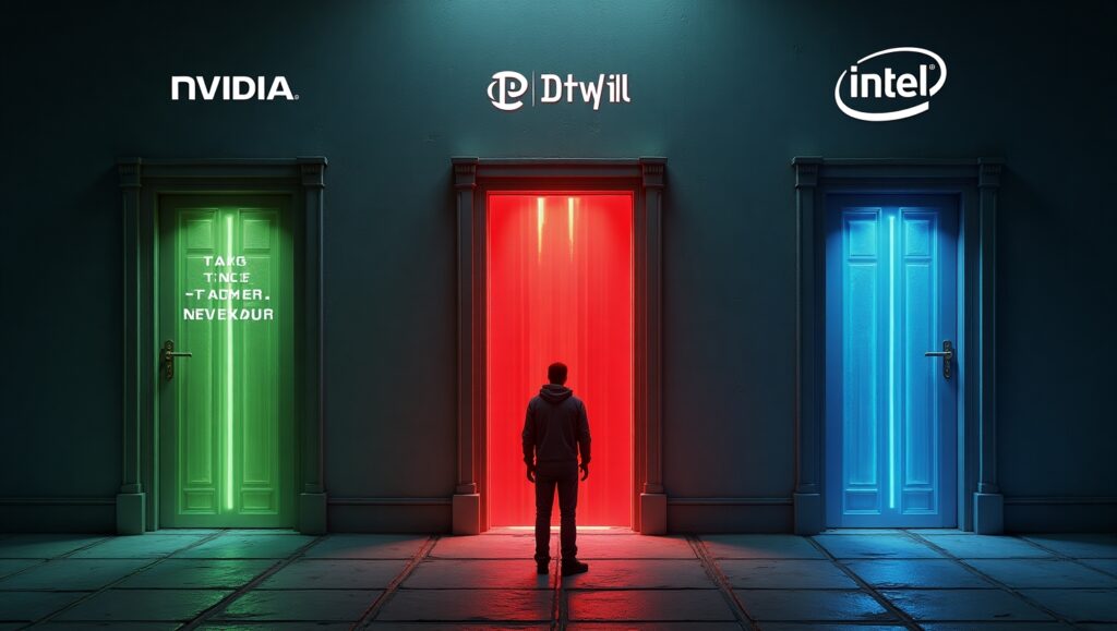 GPU choice 2025: Door 1 NVIDIA ray tracing, Door 2 AMD value gaming, Door 3 Intel budget – which to pick?