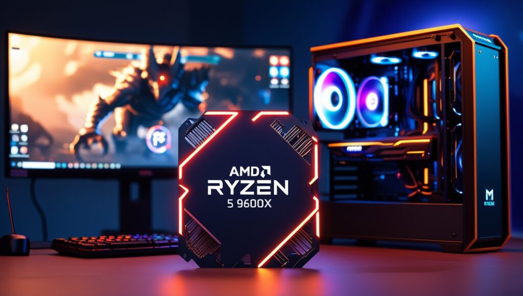 MD Ryzen 5 9600X on gamer desk with 100+ FPS gameplay monitor. Affordable AM5 platform, no cooler included.
